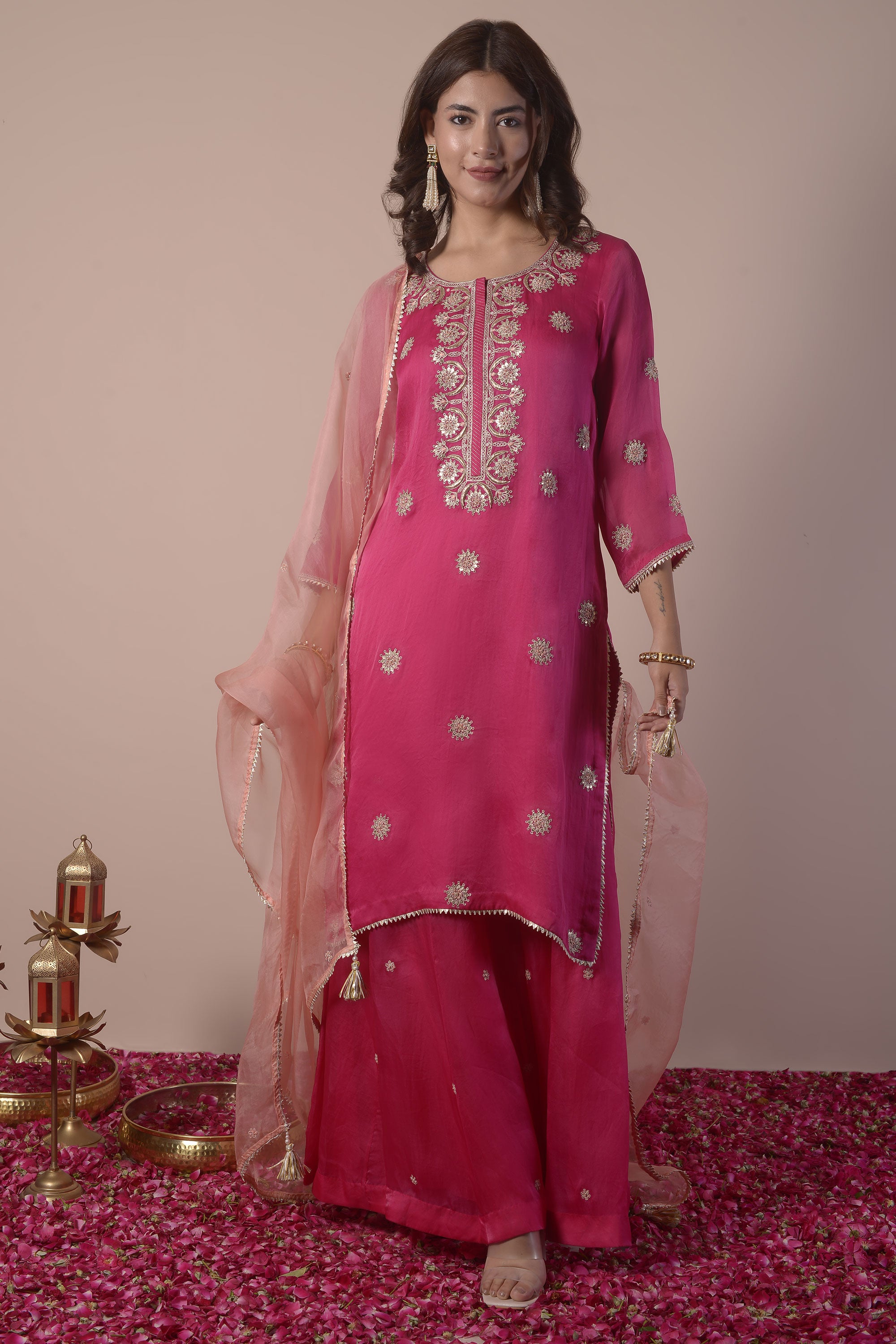 Pink Magenta Laheriya Tiered Ethnic Kurta With Dupatta For Women
