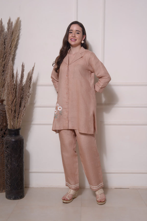 DUSKY BROWN LINEN EMBROIDERED COORD SET