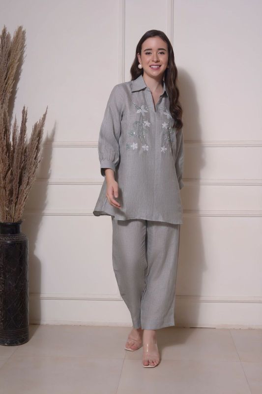 GREY LINEN EMBROIDERED COORD SET