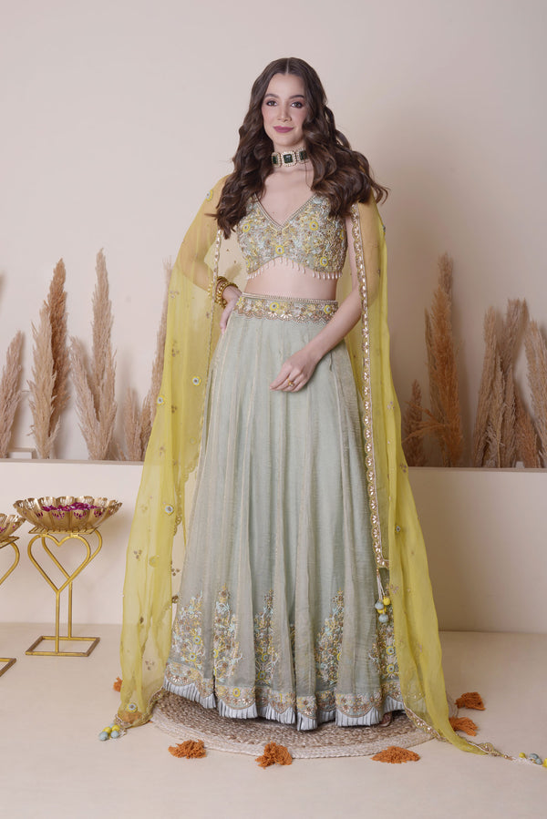 GREEN HAND EMB LEHENGA SET