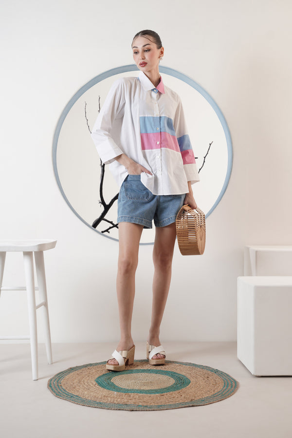 White Colour Block Shirt