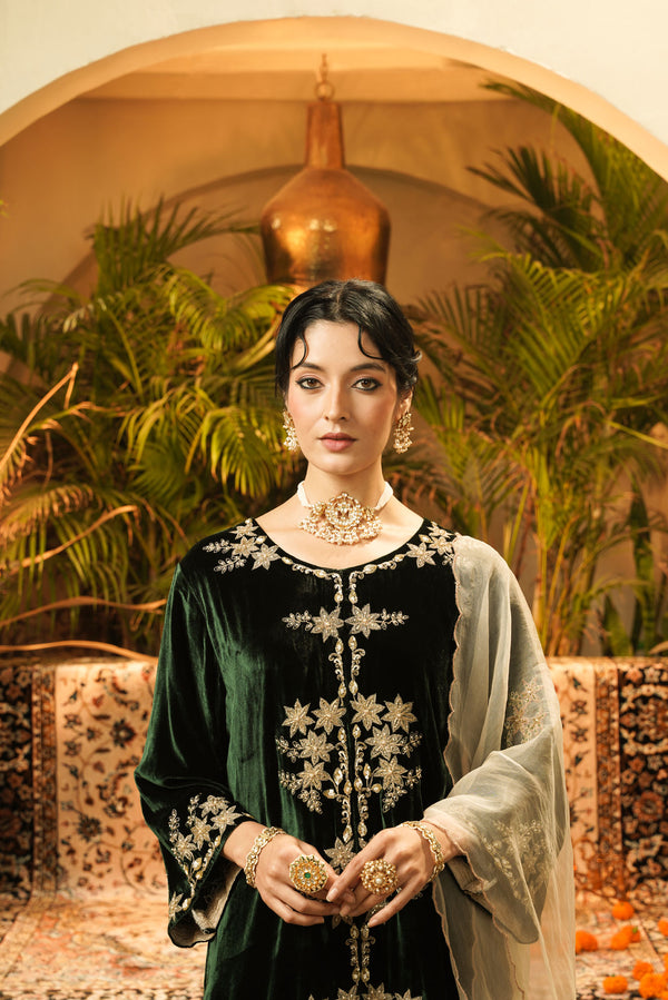 Emerald Velvet Zari Kurta Set