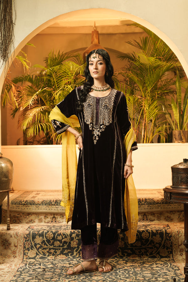 Plum bird Velvet Kurta Set