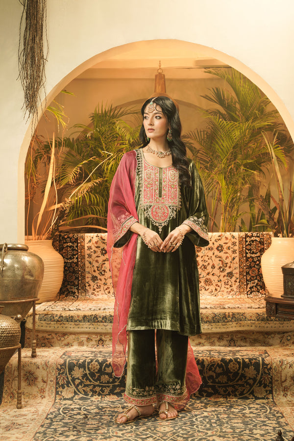Olive green Velvet embroidered kurta set