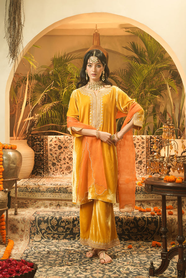 Mustard Gold Velvet Embroidered Kurta Set