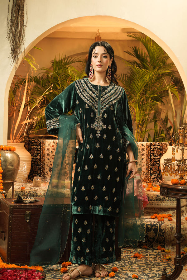 Teal Velvet Embroidered kurta set