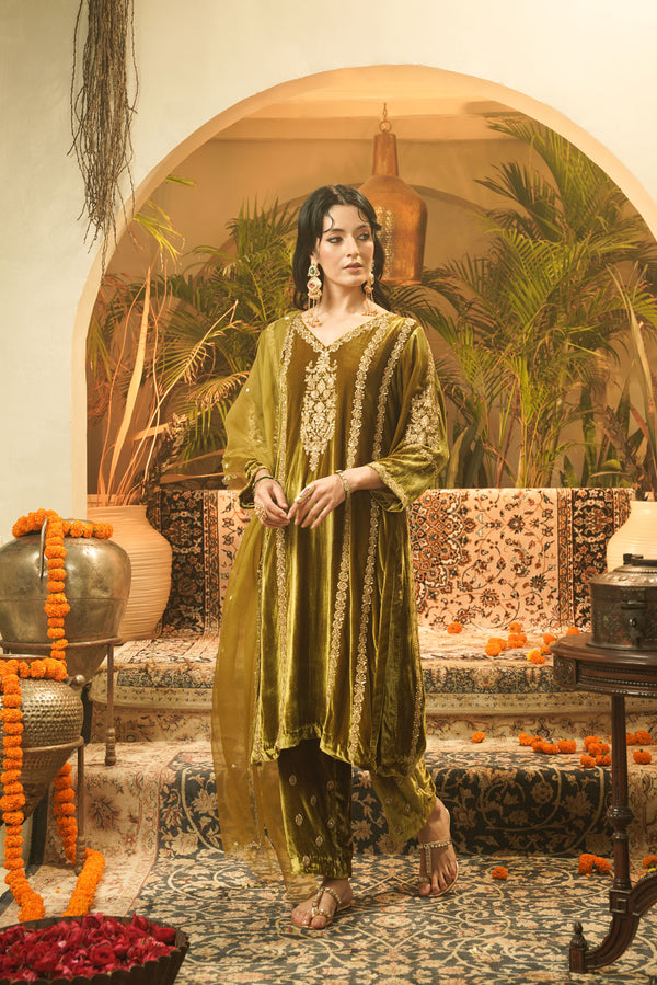 Olive Velvet Embroidered Kurta Set