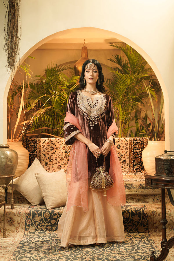 Mocha Velvet Embroidered Kurta Set