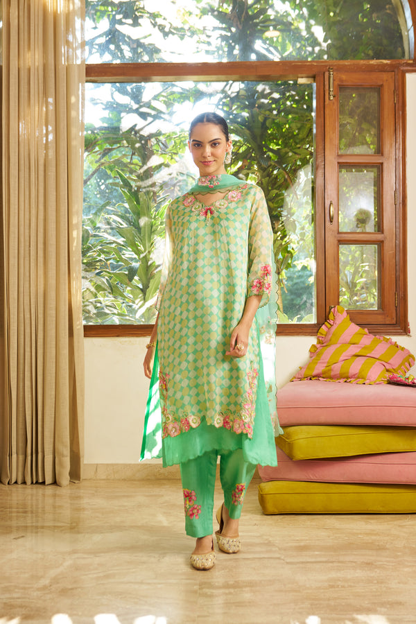 Mint Green Organza Kurta Set with Floral Embroidery