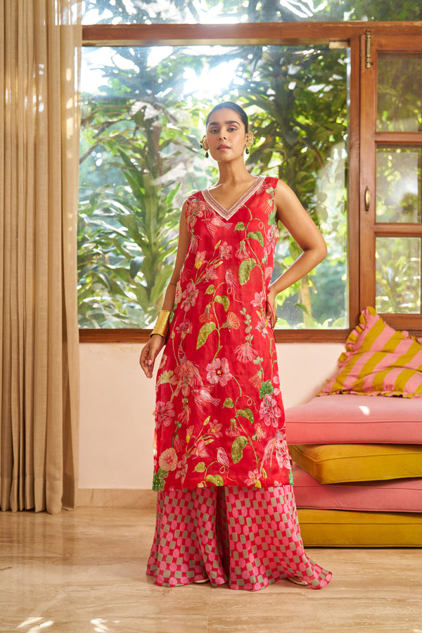 Red Rosella Bloom Indo-Western Ensemble