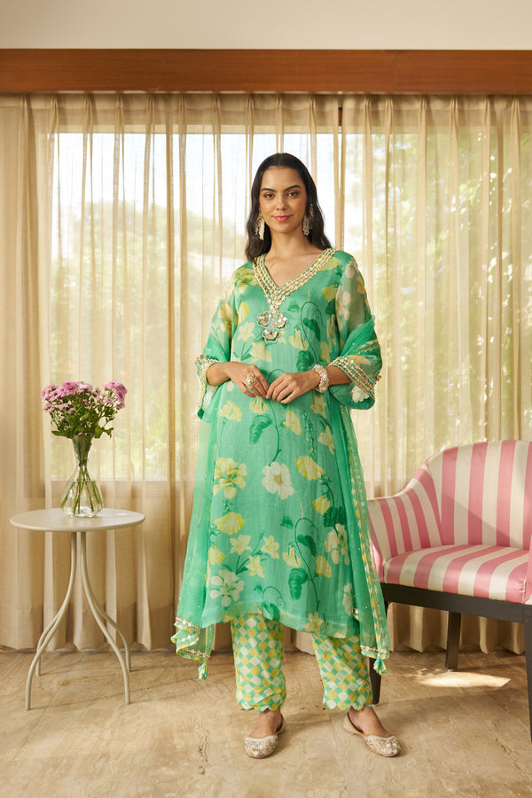 Mint Bloom Organza kurta Ensemble