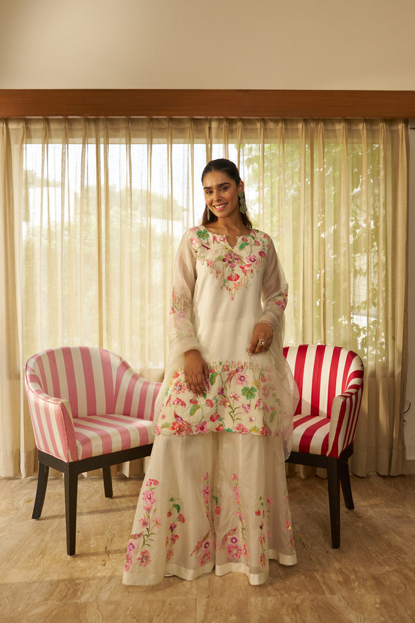 Ivory Appliqué Satin Organza Kurta Sharara Set