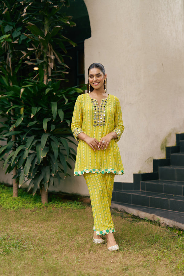 Lemon Mirror Work Kurta Set