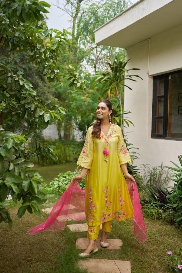 Sunshine Bloom Silk Chanderi Appliqué Set