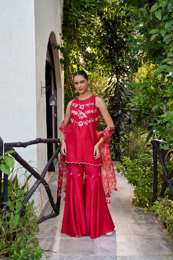 Scarlet Bloom Kurta Sharara Set- Red