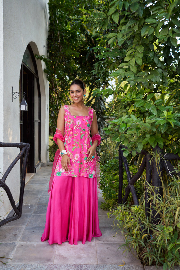 Fuchsia Pink Floral & Bird Print Kurta Sharara Set