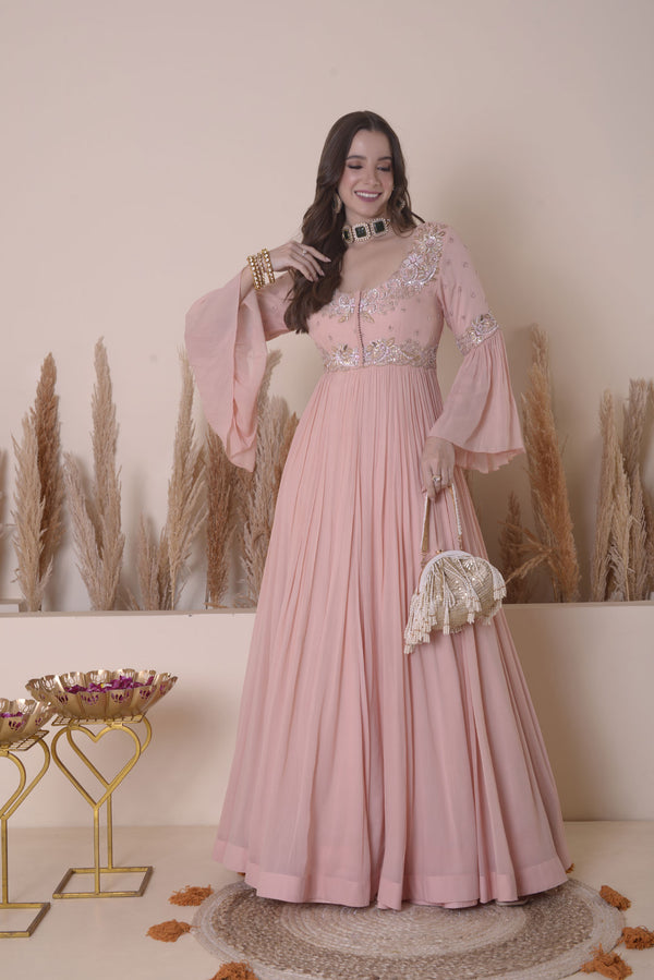 PINK GEORGETTE ANARKALI WITH ASSYMETRIC JACKET