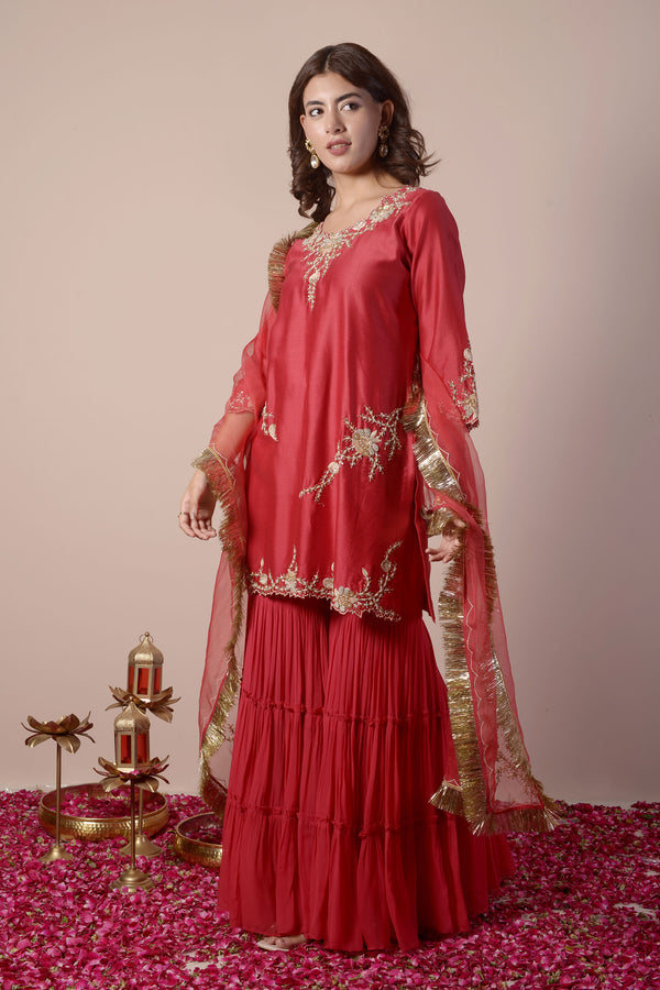 RED EMBROIDERED GHARARA SET