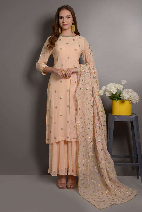 PEACH GEORGETTE HAND EMBROIDERED KURTA SET