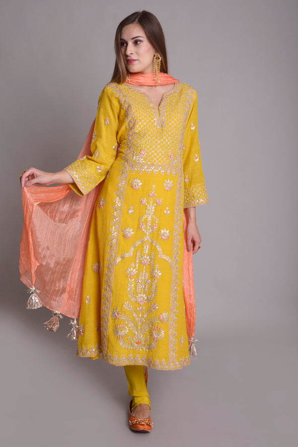 MUSTARD GEORGETTE HAND EMBROIDERED KURTA SET