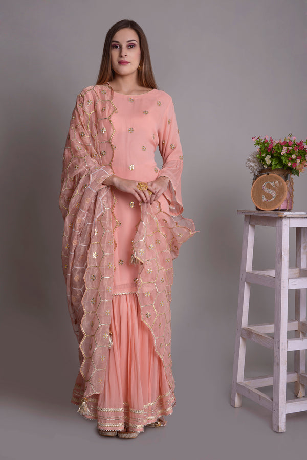 PEACH PINK GEORGETTE HAND EMBROIDERED KURTA SET