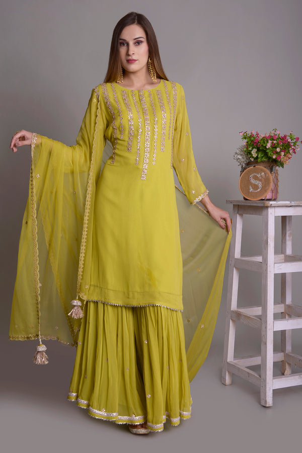 GREEN GEORGETTE HAND EMBROIDERED KURTA SET