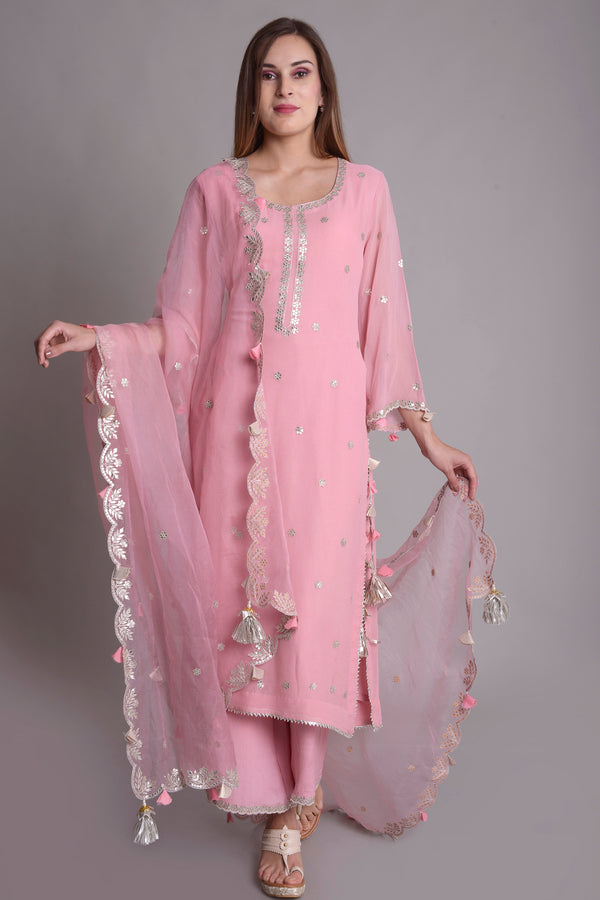 PINK GEORGETTE HAND EMBROIDERED KURTA SET