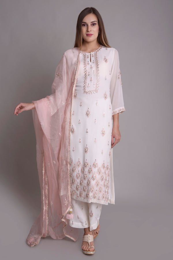 WHITE GEORGETTE EMBROIDERED KURTA SET