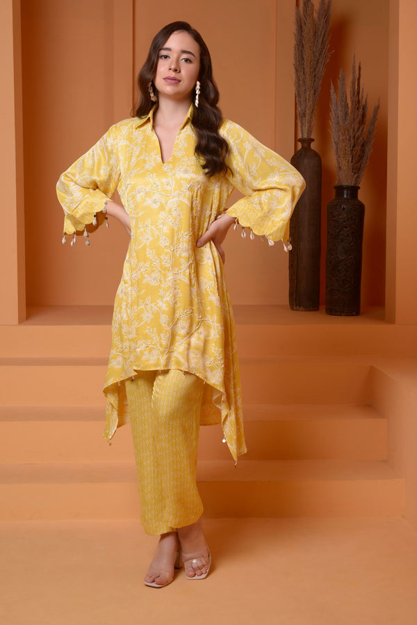 BUTTER YELLOW EMBROIDERED PRINTED COORD SET