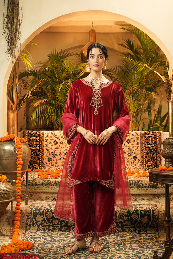 Maroon Velvet Embroidered Kurta Set