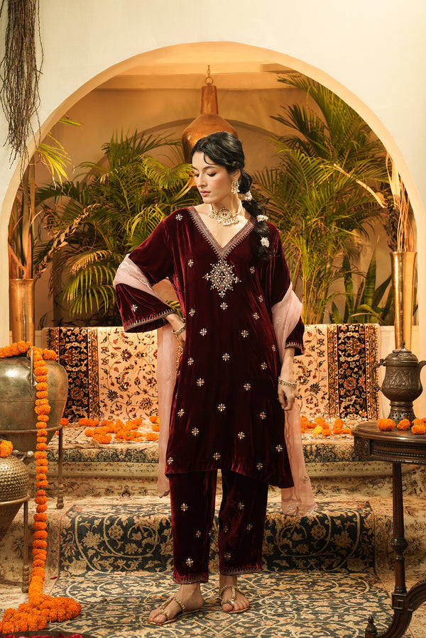 Maroon Noor Velvet Kurta Set