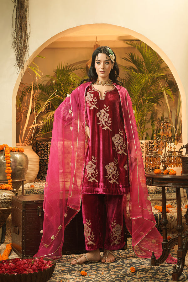 Rani pink Velvet Floral Kurta Set