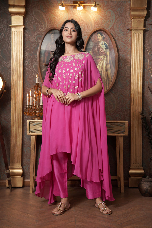 Pink Georgette Asymmetric Indo-Western Kaftan