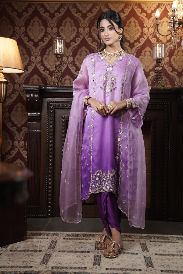 Royal Plum Organza Kurta Set